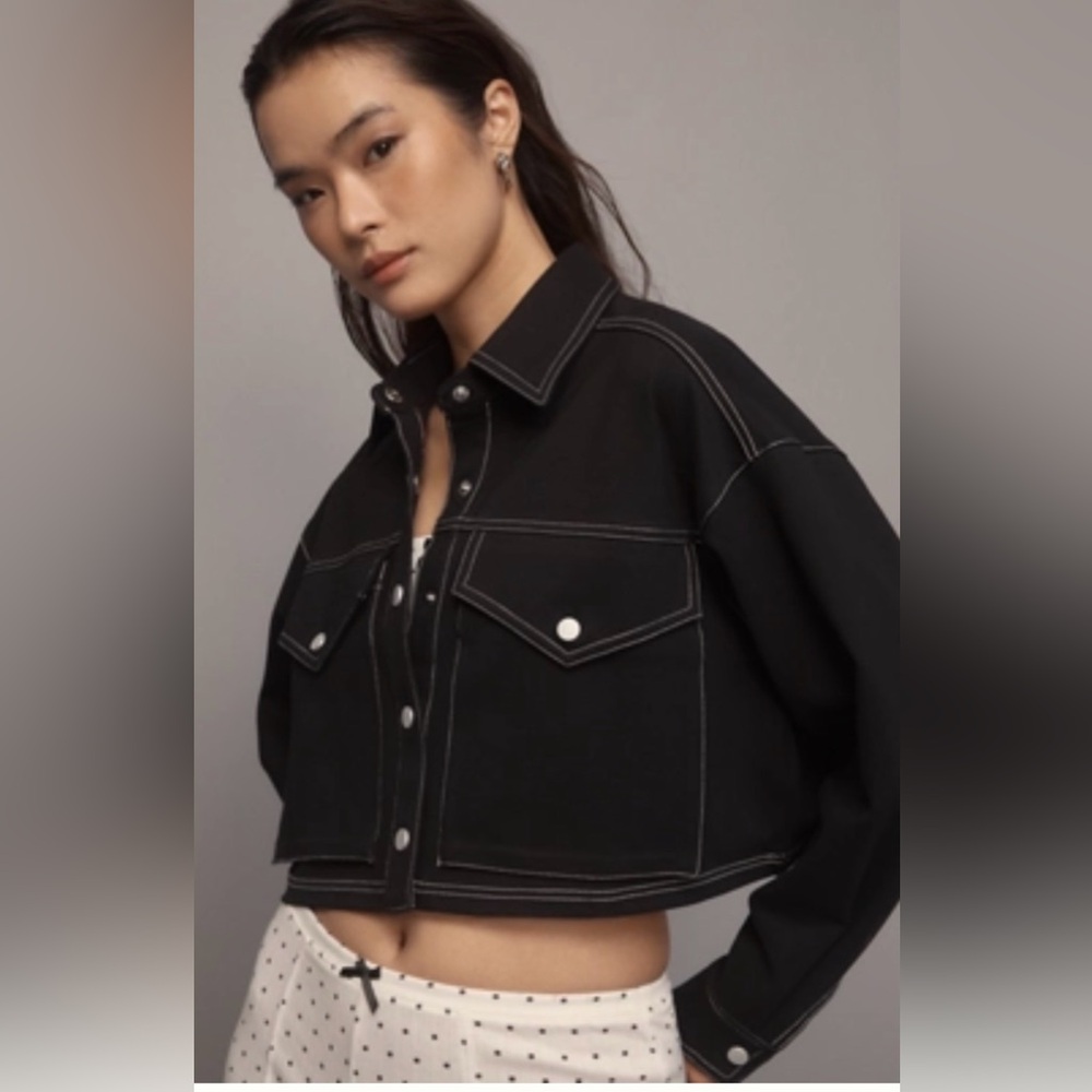 By Anthropologie Ponte Topstitch Cropped Jacket, medium